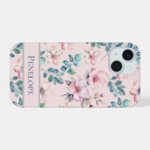 Elegante Blush Roze Bloemen Patroon Telefoonhoes iPhone 15 Case (Achterkant horizontaal)