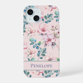 Elegante Blush Roze Bloemen Patroon Telefoonhoes iPhone 15 Case