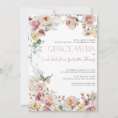 Elegante Blush Roze Bloemen QR Quinceañera Kaart (Voorkant)