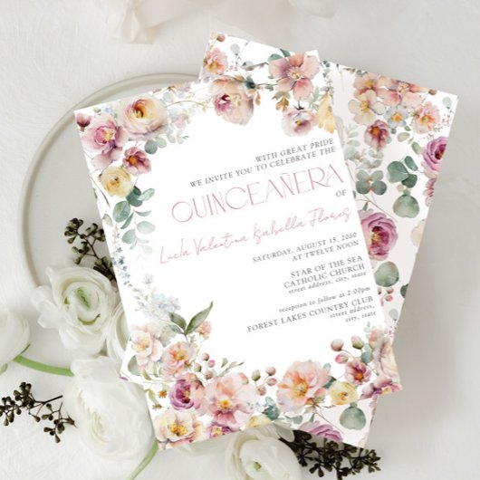 Elegante  Blush Roze Bloemen Quinceañera Kaart