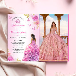 Elegante Blush Roze Bloemen Quinceañera Uitnodigin Kaart