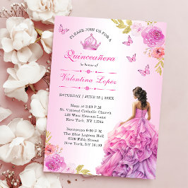 Elegante Blush Roze Bloemen Quinceañera Uitnodigin Kaart