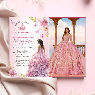 Elegante Blush Roze Bloemen Quinceañera Uitnodigin Kaart
