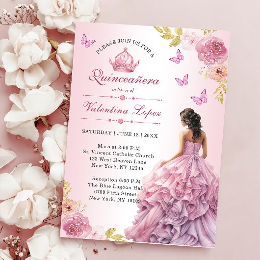 Elegante Blush Roze Bloemen Quinceañera Uitnodigin Kaart