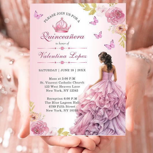 Elegante Blush Roze Bloemen Quinceañera Uitnodigin Kaart