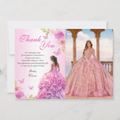 Elegante Blush Roze Bloemen Quinceañera Verjaardag Bedankkaart (Voorkant)