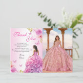 Elegante Blush Roze Bloemen Quinceañera Verjaardag Bedankkaart (Staand voorkant)
