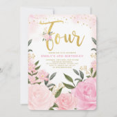 Elegante Blush Roze Bloemen Rozen Meisje 4e Verjaa Kaart (Voorkant)