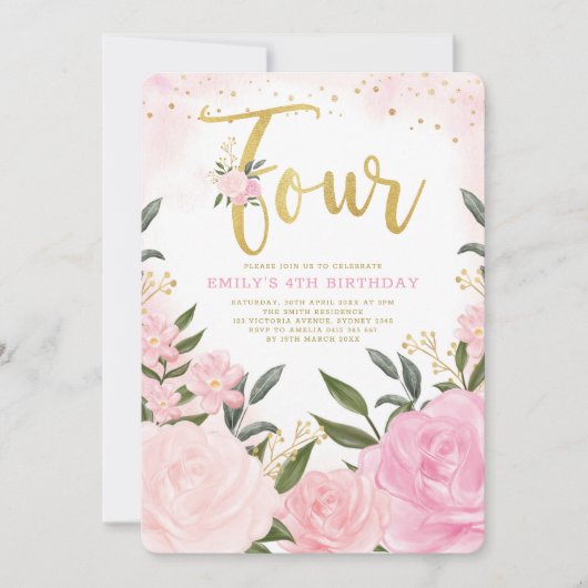 Elegante Blush Roze Bloemen Rozen Meisje 4e Verjaa Kaart (Voorkant)