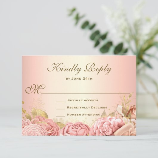 Elegante Blush Roze Bloemen Rozen RSVP Kaartje (Staand voorkant)