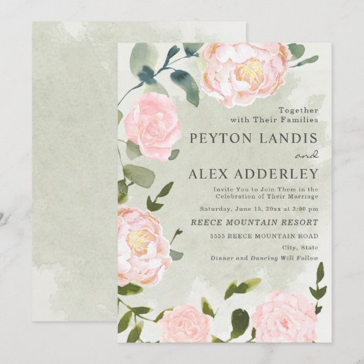 Elegante Blush Roze Bloemen Sage Green Wedding Kaart (Voorkant / Achterkant)