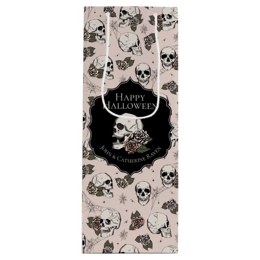 Elegante Blush Roze Bloemen Schedels Halloween Wijn Cadeautas (Voorkant)