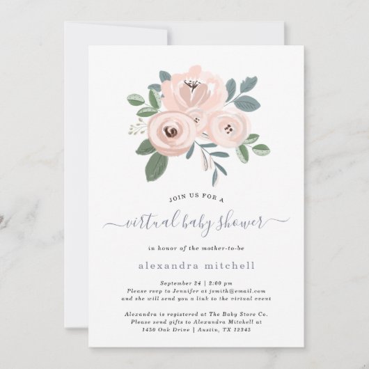 Elegante blush roze bloemen | virtueel Baby shower Kaart (Voorkant)