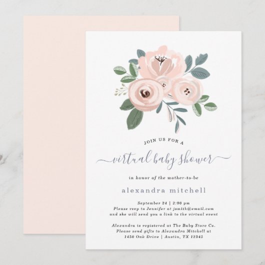 Elegante blush roze bloemen | virtueel Baby shower Kaart (Voorkant / Achterkant)
