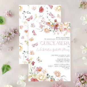 Elegante Blush Roze Bloemen Vlinder Quinceanera Kaart