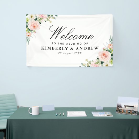 Elegante Blush Roze Bloemen Welkomstbruiloft Spandoek (Beurs)