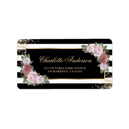 Elegante Blush Roze Bloemen Zwart Wit Goud Etiket (Voorkant)