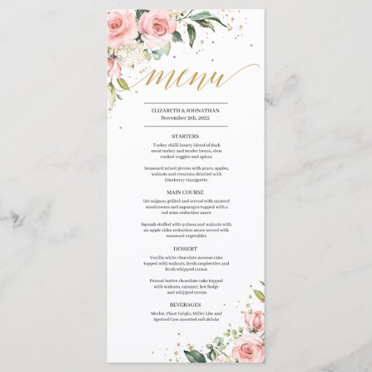 Elegante blush roze bloemengouden boho bruiloft me menu (Voorkant)