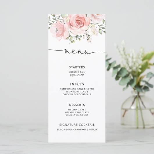 Elegante blush roze bloemenminimalistische bruilof menu (Staand voorkant)