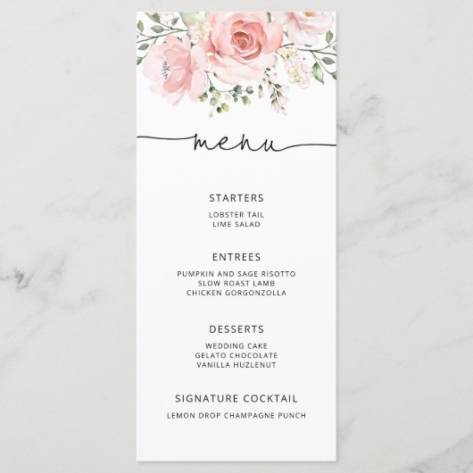 Elegante blush roze bloemenminimalistische bruilof menu (Voorkant)