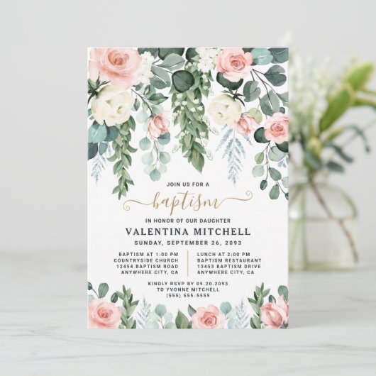 Elegante Blush Roze Bloementuin Unieke Doop Kaart (Staand voorkant)