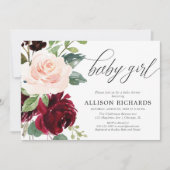 Elegante blush roze bordeauxrode bloemenmeisje bab kaart (Voorkant)