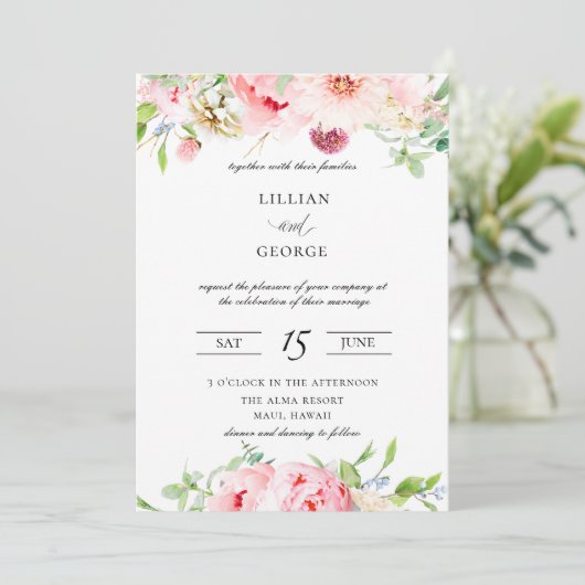 Elegante Blush Roze Botanische Bruiloft Uitnodigin Kaart (Staand voorkant)