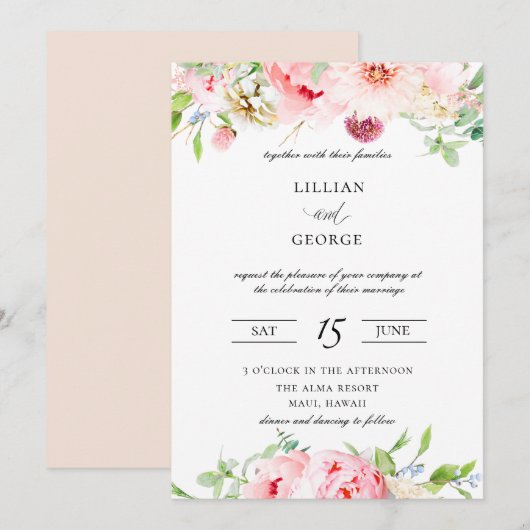 Elegante Blush Roze Botanische Bruiloft Uitnodigin Kaart (Voorkant / Achterkant)