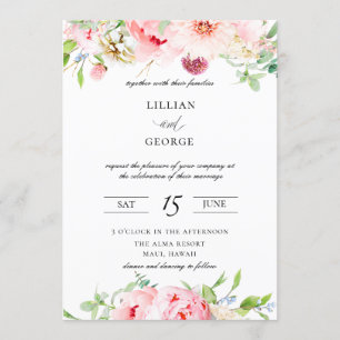 Elegante Blush Roze Botanische Bruiloft Uitnodigin Kaart