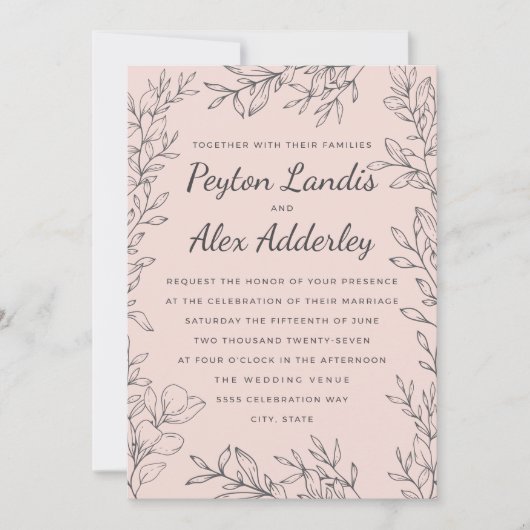 Elegante  Blush Roze Botanische Huwelijk Kaart (Voorkant)