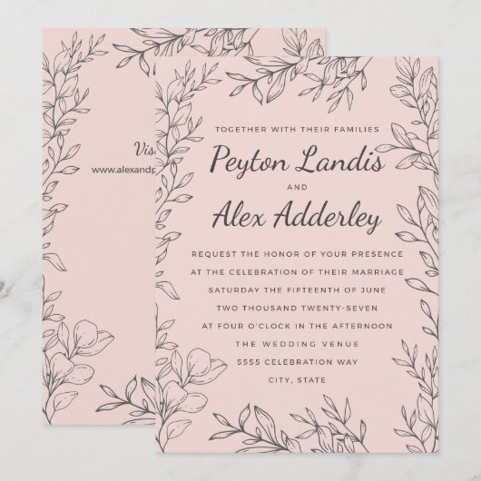 Elegante  Blush Roze Botanische Huwelijk Kaart (Voorkant / Achterkant)