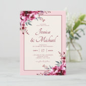 Elegante Blush Roze Bourgogne Bloemen Huwelijk Kaart (Staand voorkant)