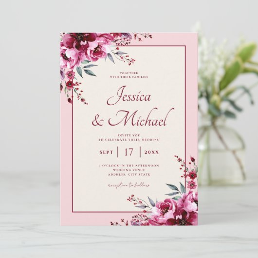 Elegante Blush Roze Bourgogne Bloemen Huwelijk Kaart (Staand voorkant)