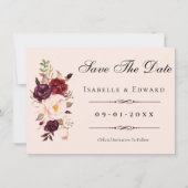 Elegante Blush Roze & Bourgondische Rozen bruiloft Save The Date (Voorkant)