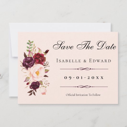Elegante Blush Roze & Bourgondische Rozen bruiloft Save The Date (Voorkant)