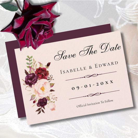 Elegante Blush Roze & Bourgondische Rozen bruiloft Save The Date