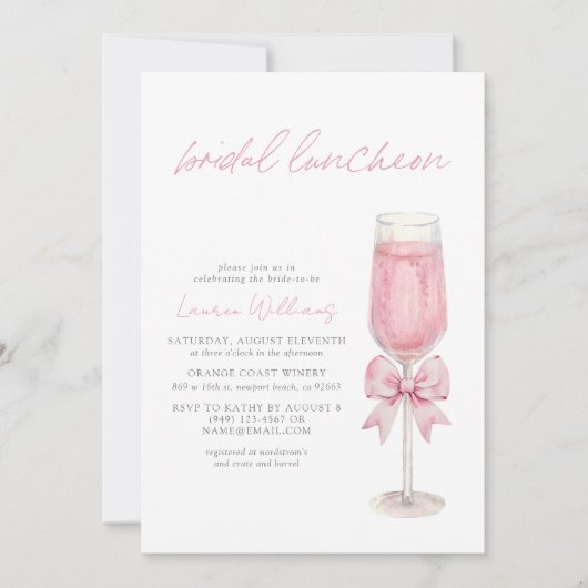 Elegante Blush Roze Bow Champagne Bruids Luncheon Kaart (Voorkant)