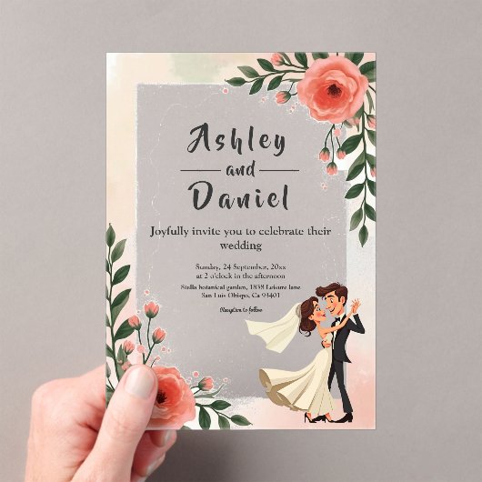 Elegante blush roze bruid en bruidegom bloemenbrui acryl uitnodigingen (Insitu (Draagbaar))