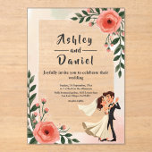 Elegante blush roze bruid en bruidegom bloemenbrui acryl uitnodigingen (Voorkant)