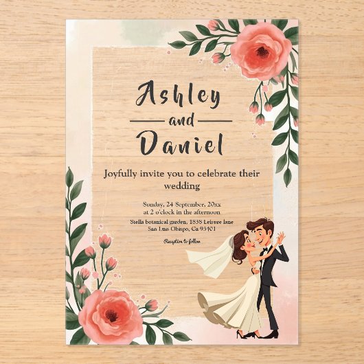 Elegante blush roze bruid en bruidegom bloemenbrui acryl uitnodigingen (Voorkant)