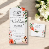 Elegante blush roze bruid en bruidegom bloemenbrui all in one uitnodiging