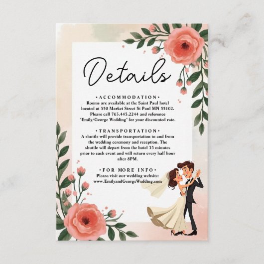 Elegante blush roze bruid en bruidegom bloemenbrui informatiekaartje (Voorkant)