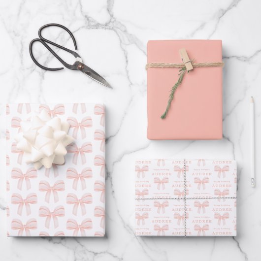 Elegante Blush Roze Coquette Bow Verjaardag Inpakpapier Vel (Voorkant)