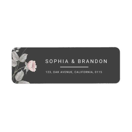 Elegante Blush Roze & Donkergrijze Bloemenbruiloft Etiket (Voorkant)