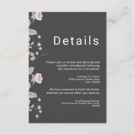 Elegante Blush Roze & Donkergrijze Bloemenbruiloft Informatiekaartje