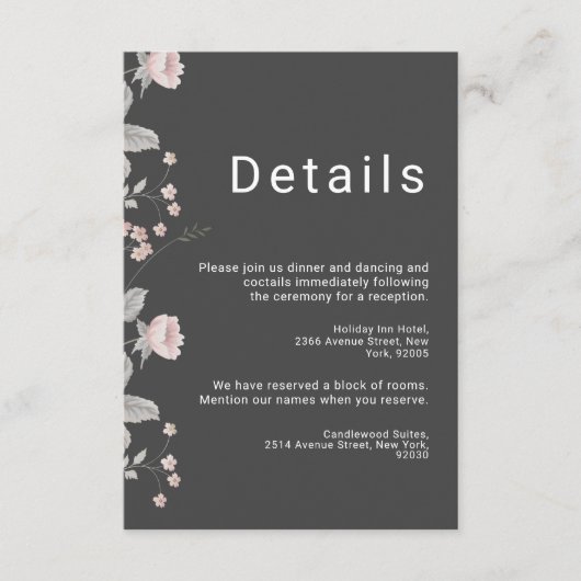 Elegante Blush Roze & Donkergrijze Bloemenbruiloft Informatiekaartje (Voorkant)