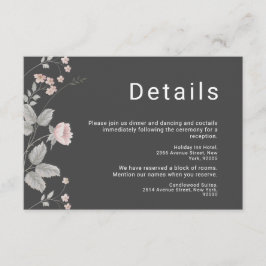 Elegante Blush Roze & Donkergrijze Bloemenbruiloft Informatiekaartje
