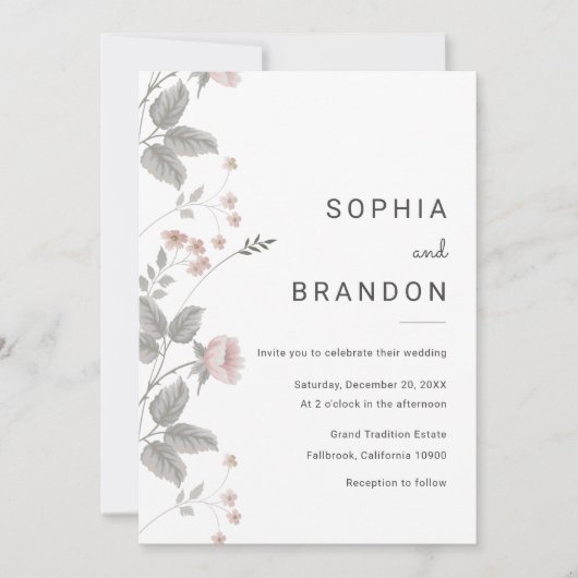 Elegante Blush Roze & Donkergrijze Bloemenbruiloft Kaart (Voorkant)