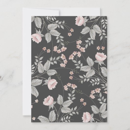 Elegante Blush Roze & Donkergrijze Bloemenbruiloft Kaart (Achterkant)