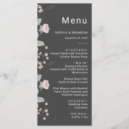 Elegante Blush Roze & Donkergrijze Bloemenbruiloft Menu